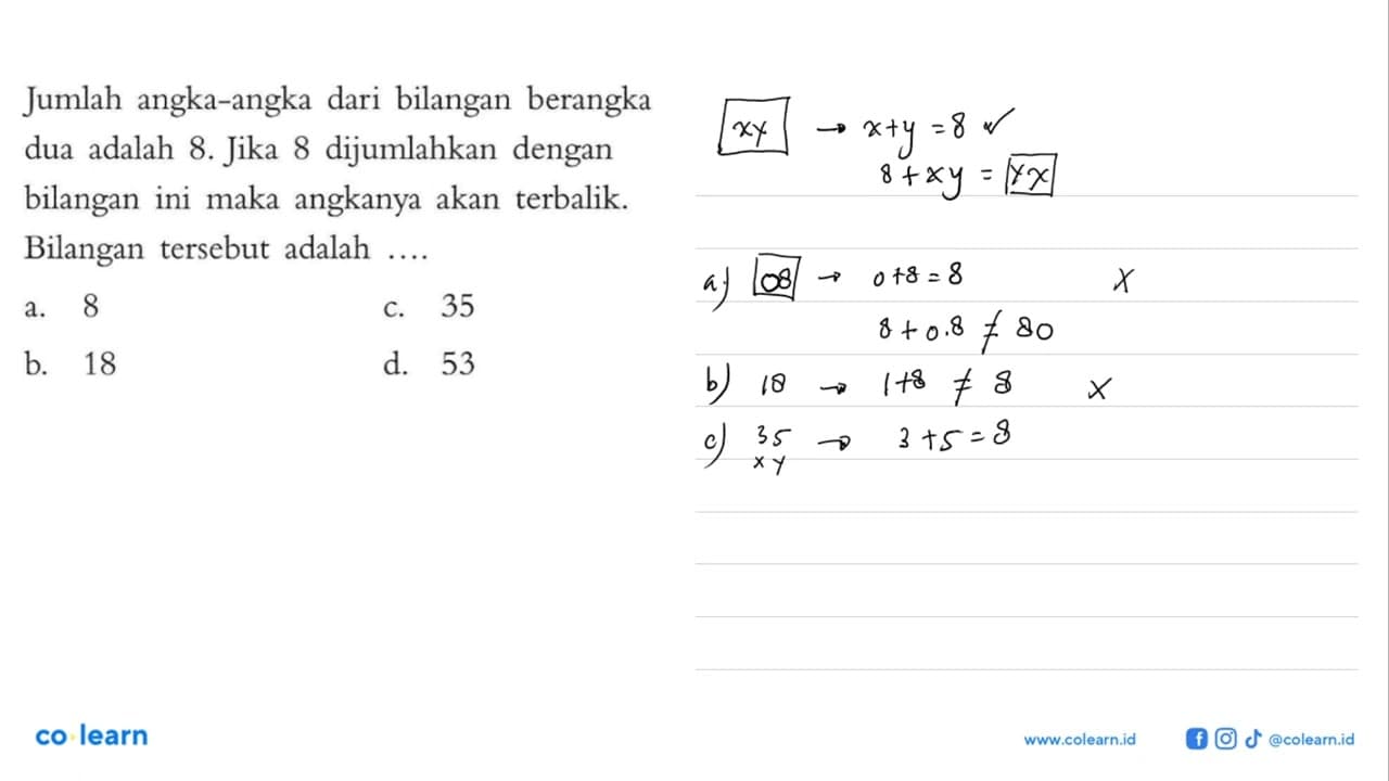 Jumlah angka-angka dari bilangan berangka dua adalah 8.