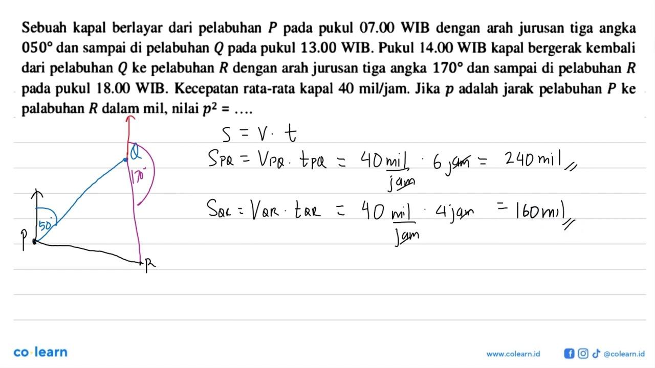 Sebuah kapal berlayar dari pelabuhan P pada pukul 07.00 WIB