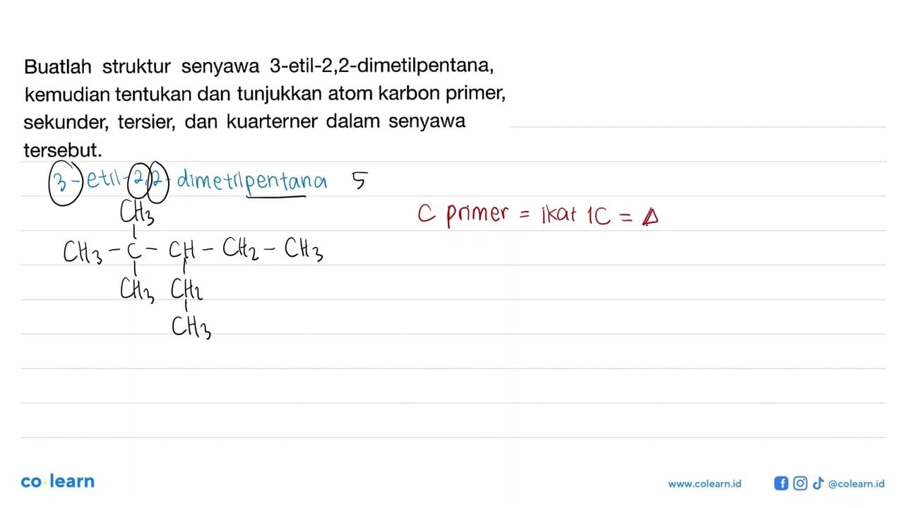 Buatlah struktur senyawa 3-etil-2,2-dimetilpentana,