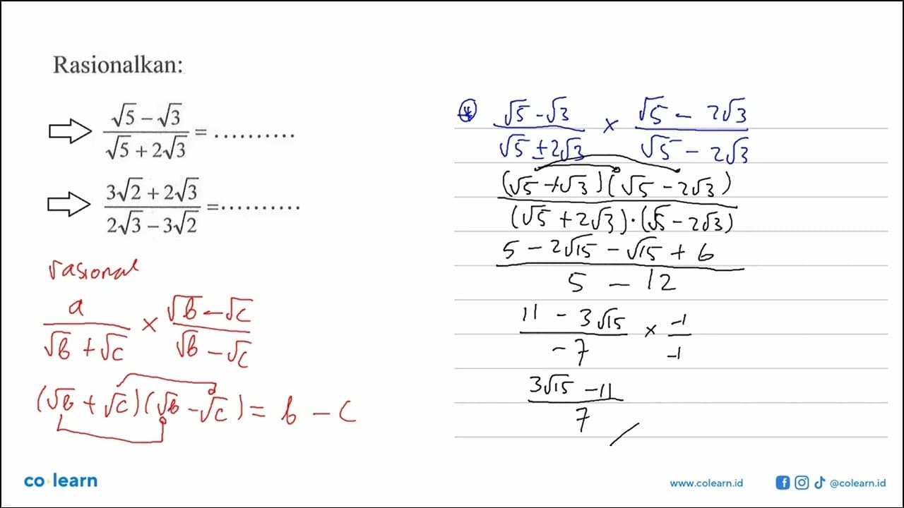 Rasionalkan: ((akar(5) - akar(3))/(akar(5) + 2 akar(3)) =