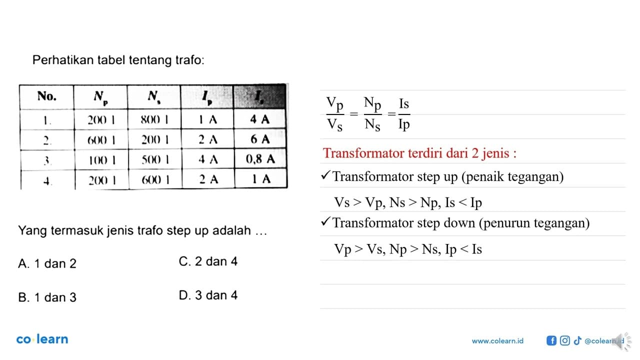 Perhatikan tabel tentang trafo: No. Np Ns Ip Is 1. 200 l