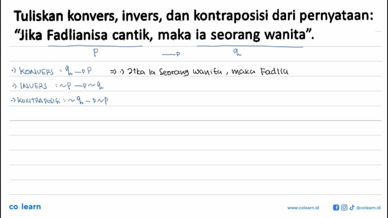 Tuliskan konvers, invers, dan kontraposisi dari pernyataan: