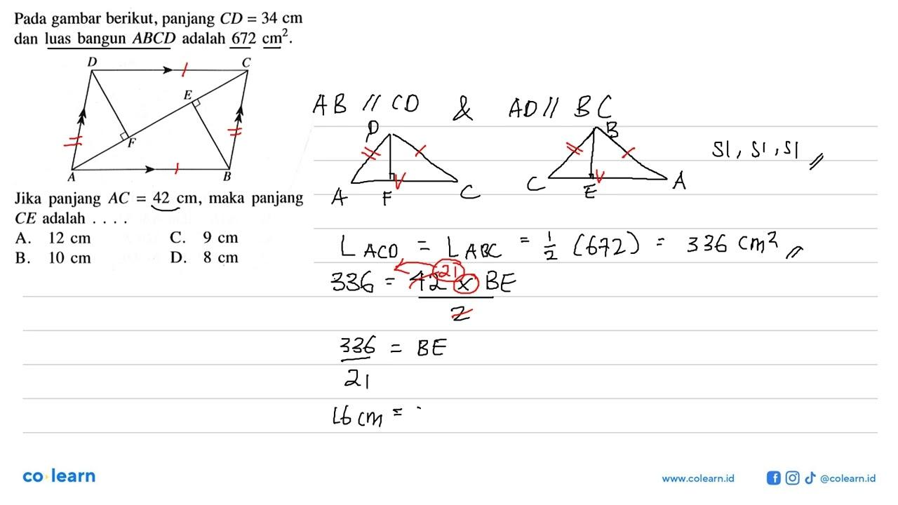 Pada gambar berikut, panjang CD=34 cm dan luas bangun ABCD