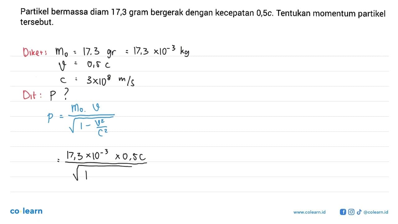 Partikel bermassa diam 17,3 gram bergerak dengan kecepatan