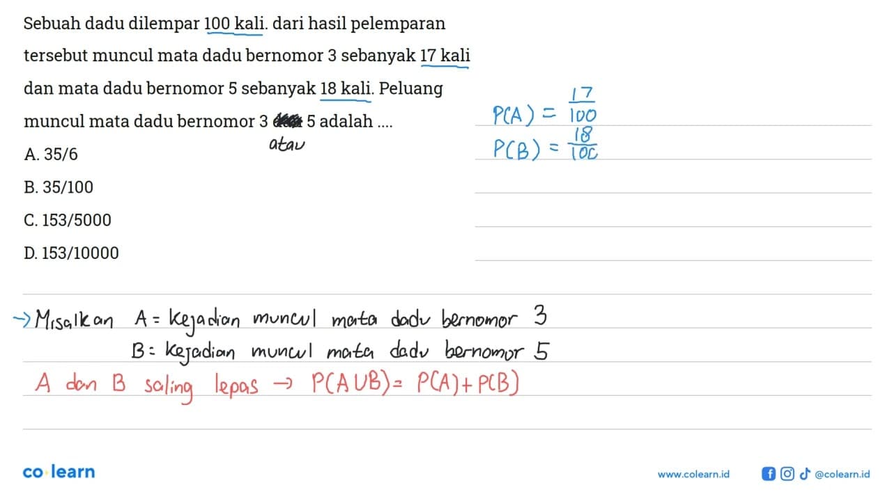 Sebuah dadu dilempar 100 kali. dari hasil pelemparan