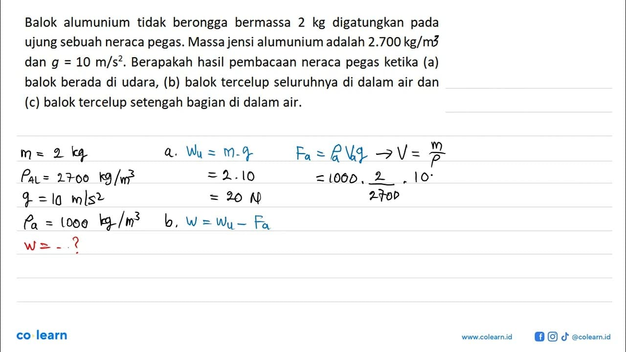 Balok alumunium tidak berongga bermassa 2 kg digantungkan