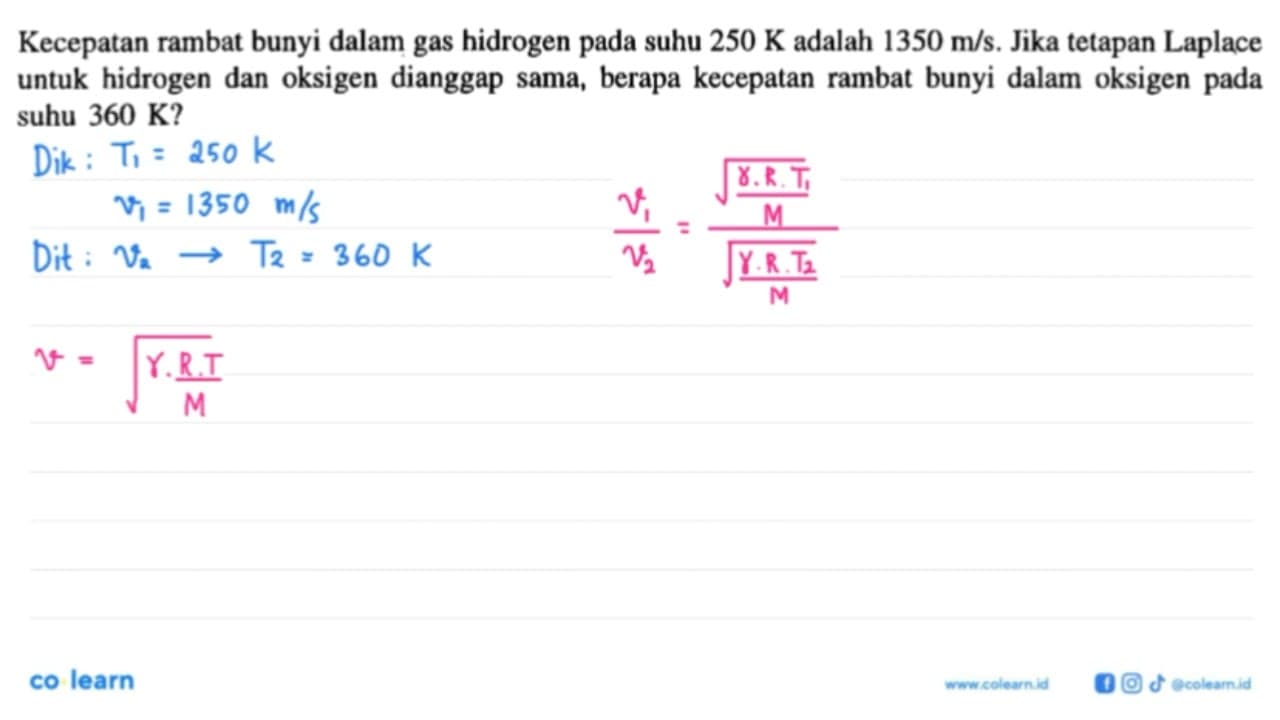 Kecepatan rambat bunyi dalam gas hidrogen pada suhu 250 K