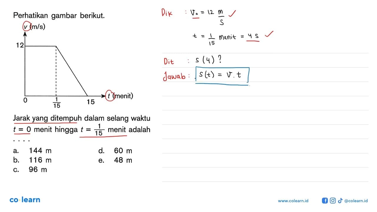 Perhatikan gambar berikut. v (m/s) 12 0 1/15 15 t (menit)