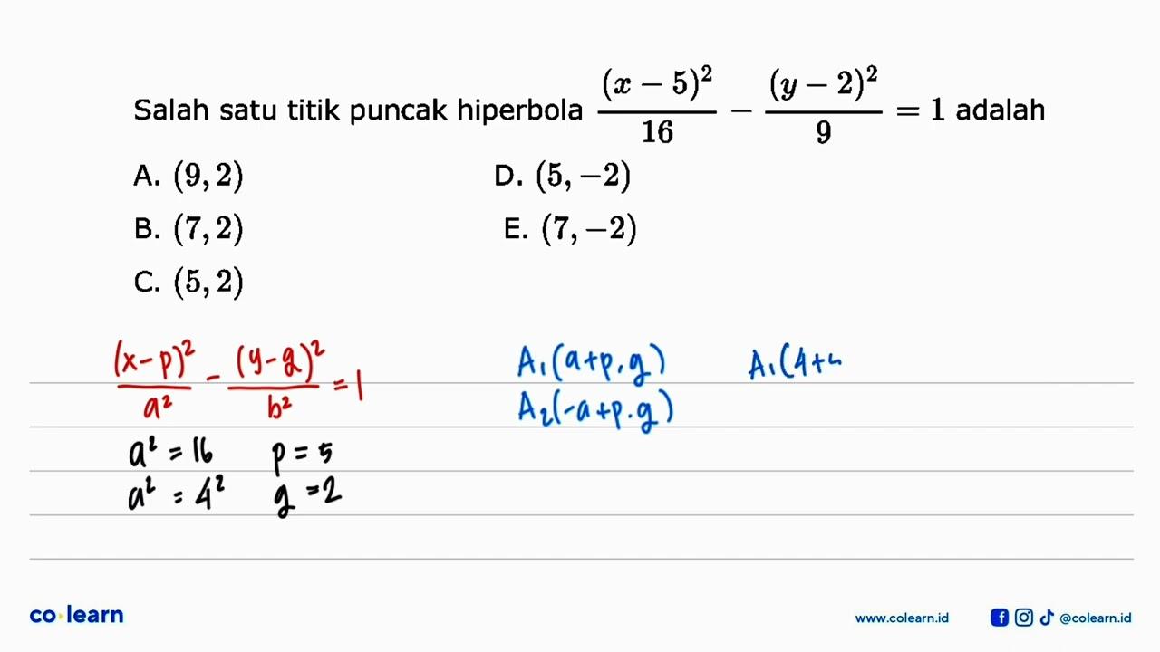 Salah satu titik puncak hiperbola (x-5)^2/16-(y-2)^2/9=1