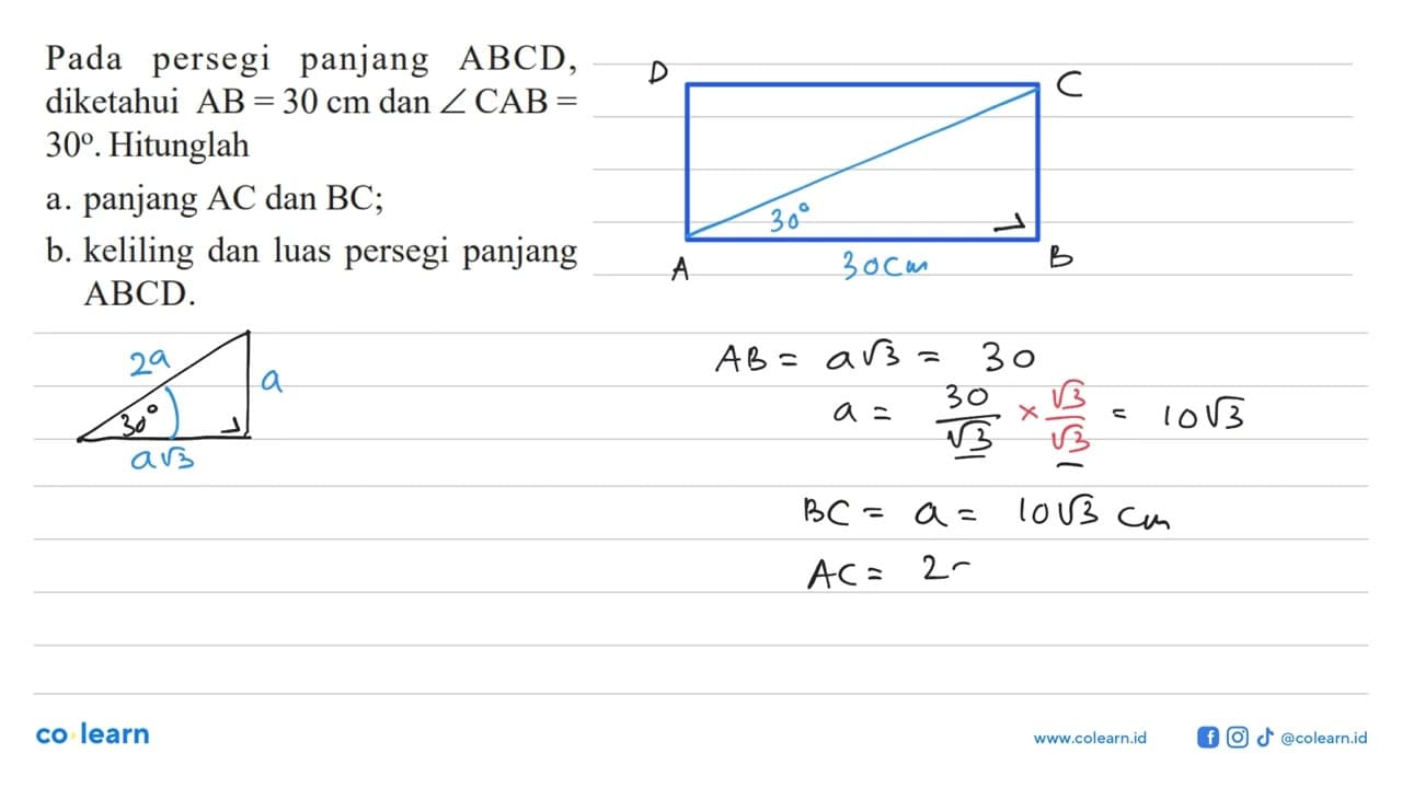 Pada persegi panjang ABCD, diketahui AB = 30 cm dan sudut