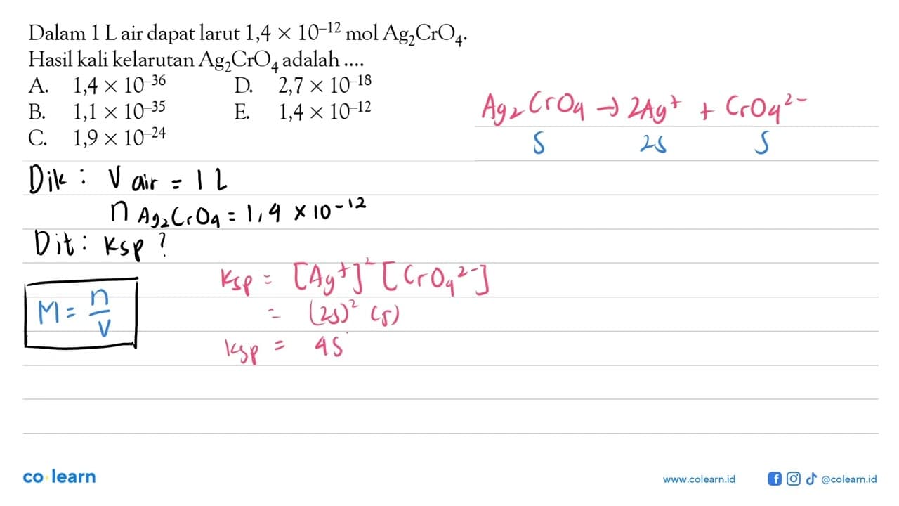 Dalam 1 L air dapat larut 1,4x10^-12 mol Ag2CrO4.Hasil kali