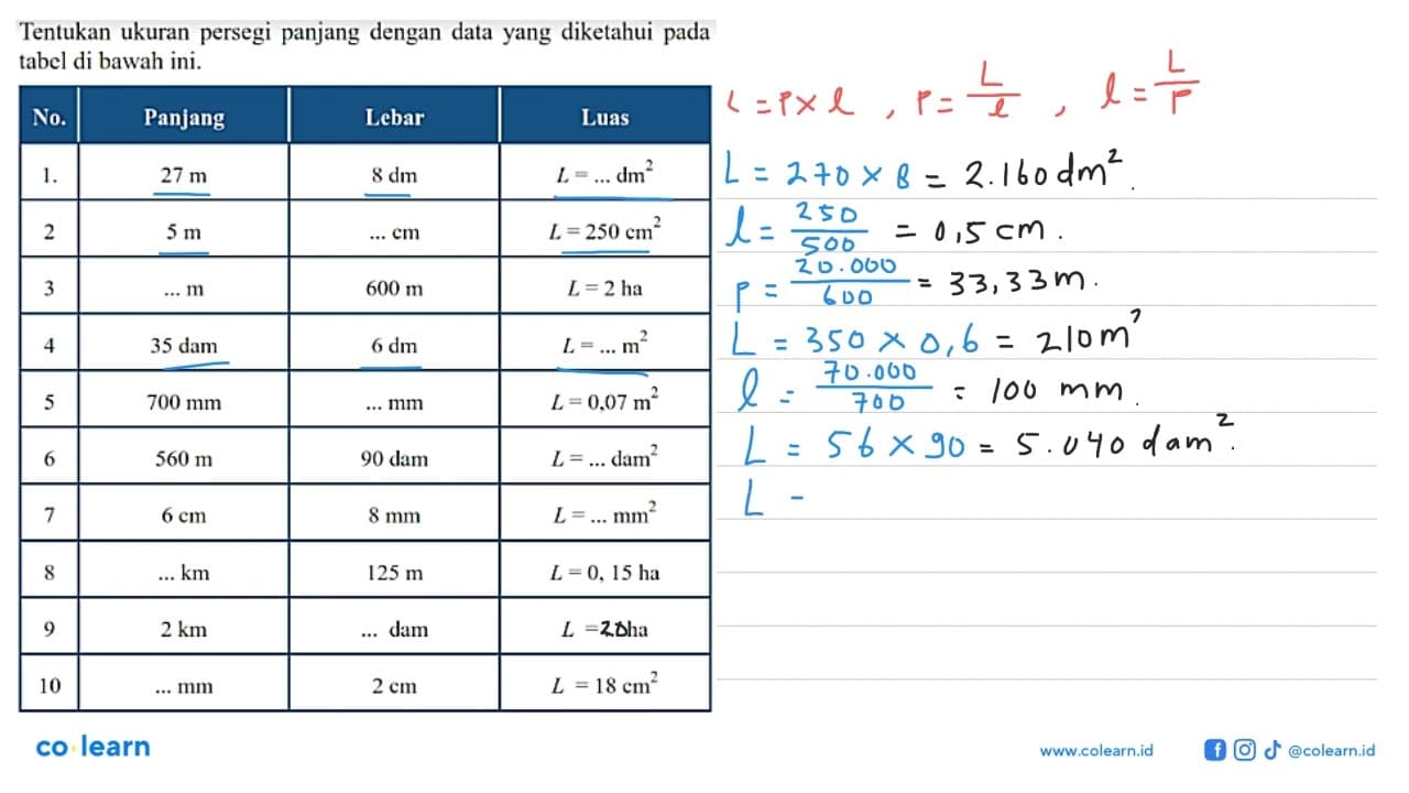 Tentukan ukuran persegi panjang dengan data yang diketahui