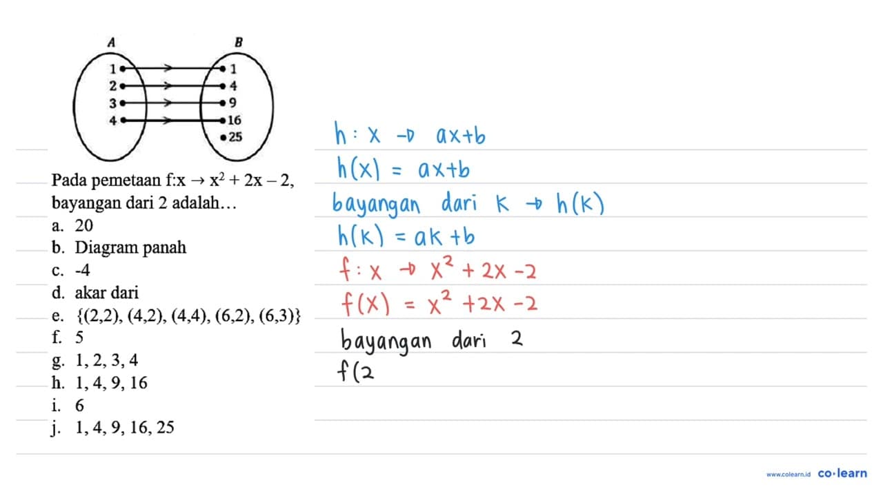 Pada pemetaan f: x -> x^(2)+2 x-2 , bayangan dari 2