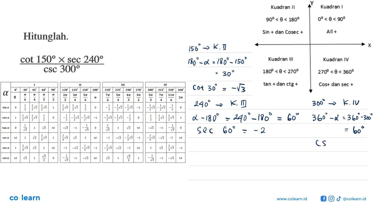 Hitunglah. (cot 150 x sec 240)/(csc 300)