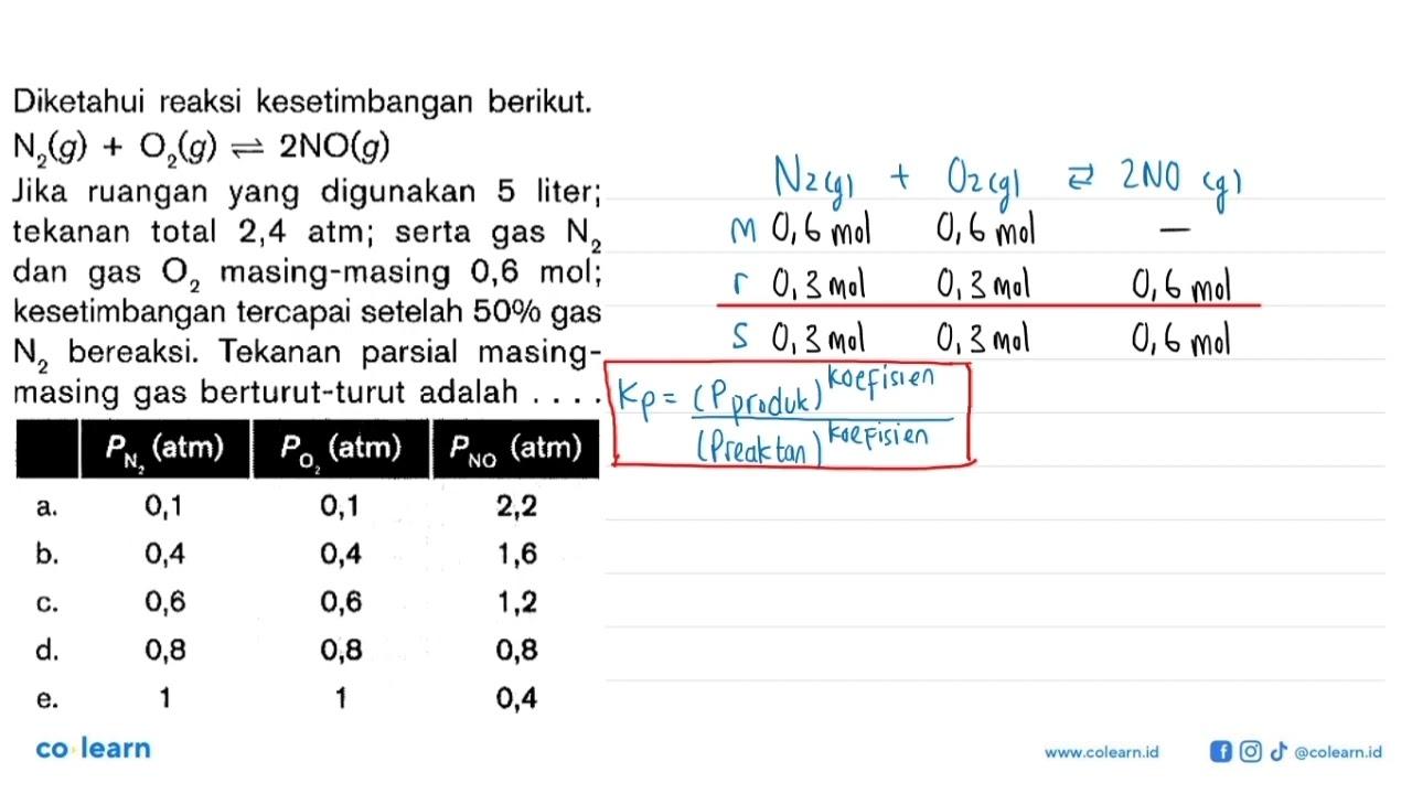 Diketahui reaksi kesetimbangan berikut. N2 (g)+ O2 (g) <=>