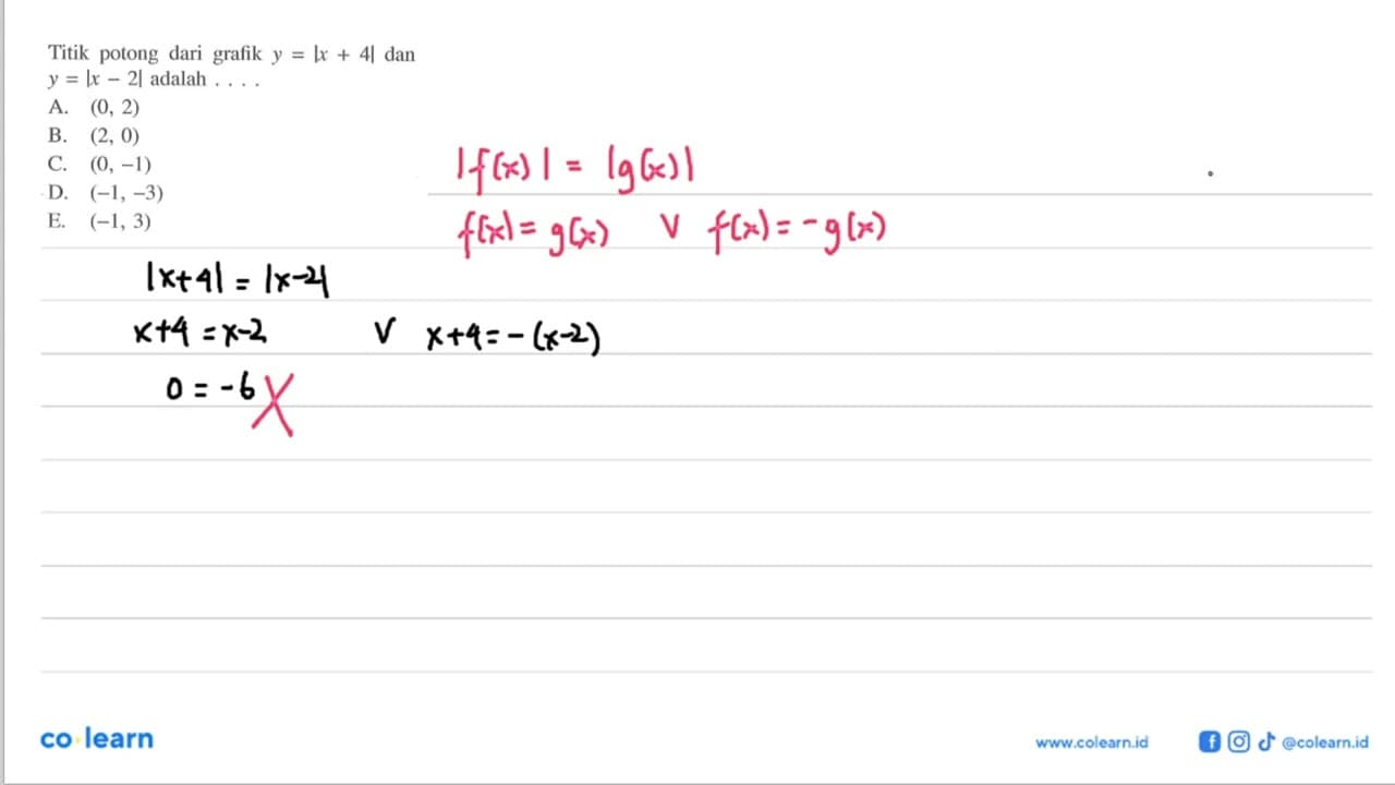 Titik potong dari grafik y=|x+4| dan y=|x-2| adalah . . . .