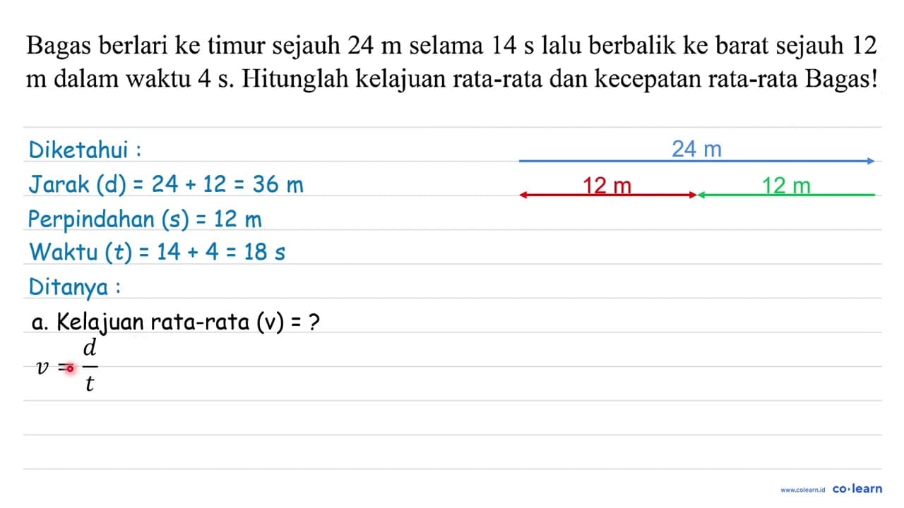 Bagas berlari ke timur sejauh 24 m selama 14 ~s lalu