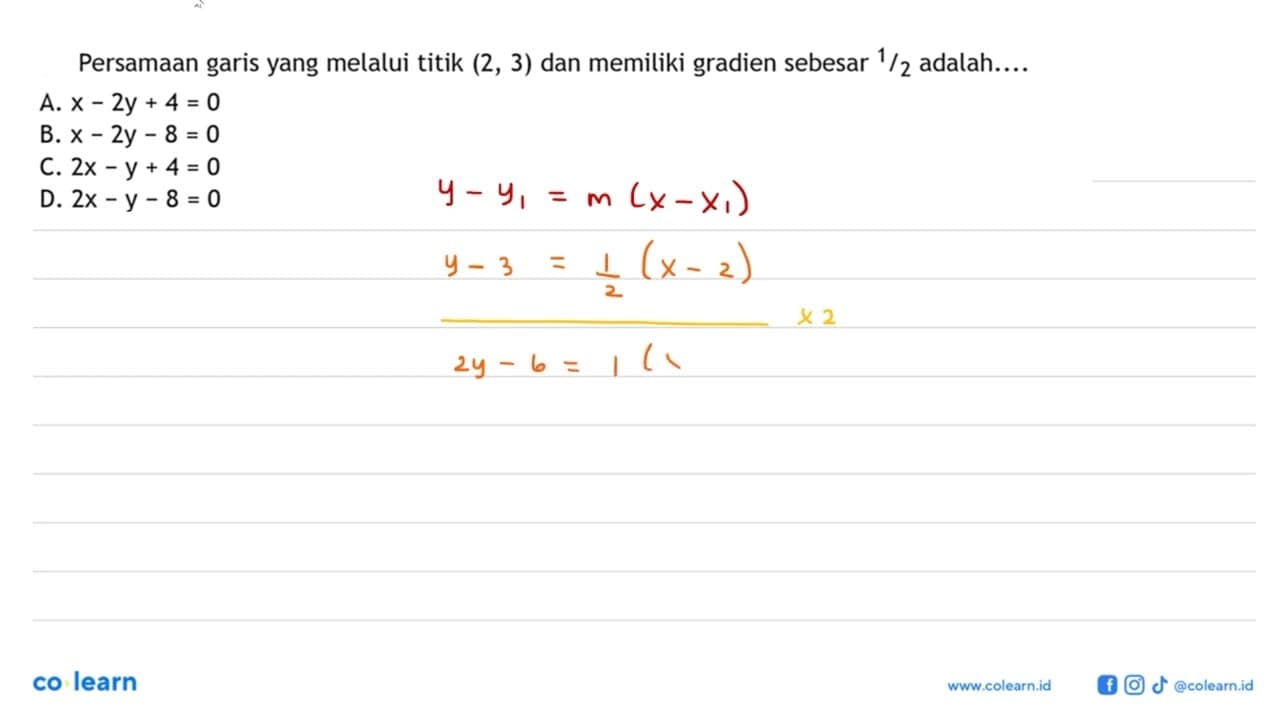 Persamaan garis yang melalui titik (2, 3) dan memiliki