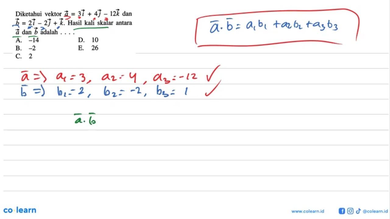 Diketahui vektor a=3i+4j-12k dan vektor b=2i-2j+k . Hasil