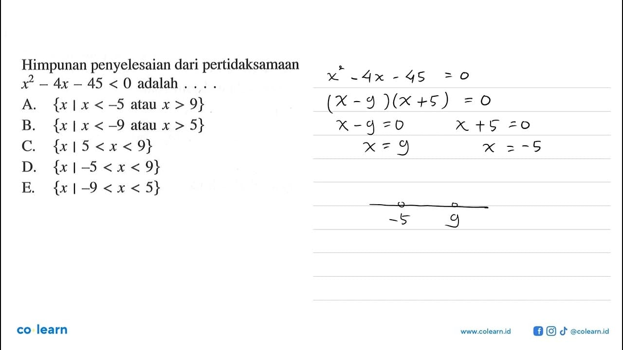 Himpunan penyelesaian dari pertidaksamaan x^2-4x-45<0