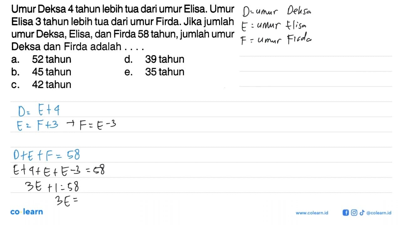 Umur Deksa 4 tahun lebih tua dari umur Elisa. Umur Elisa 3