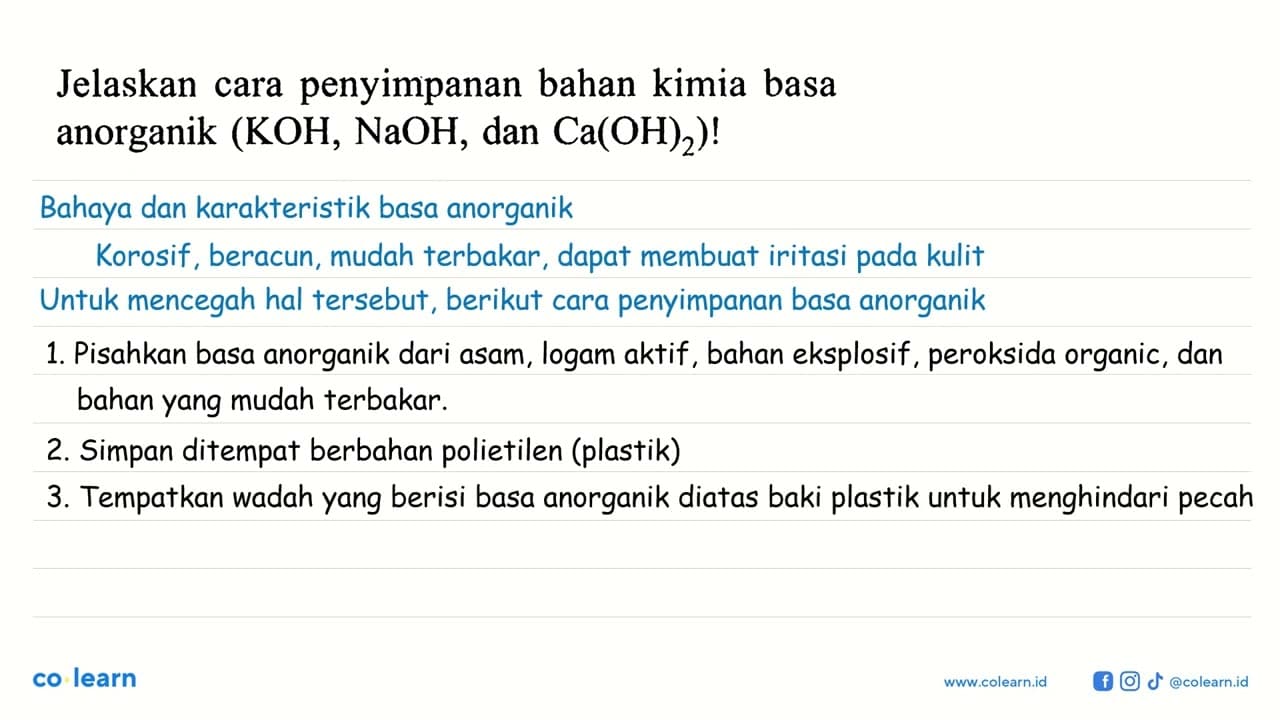 Jelaskan cara penyimpanan bahan kimia basa anorganik (KOH,