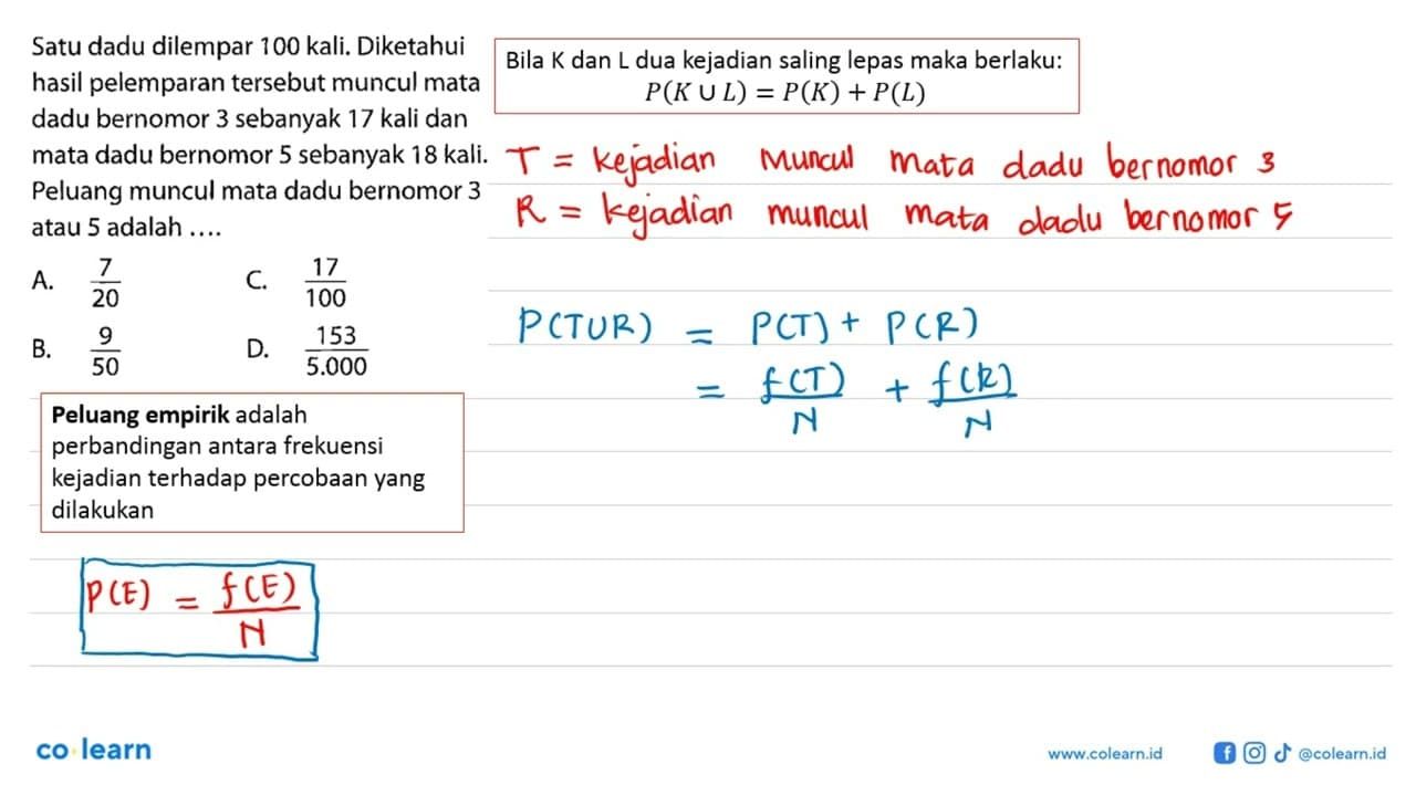 Satu dadu dilempar 100 kali. Diketahui hasil pelemparan