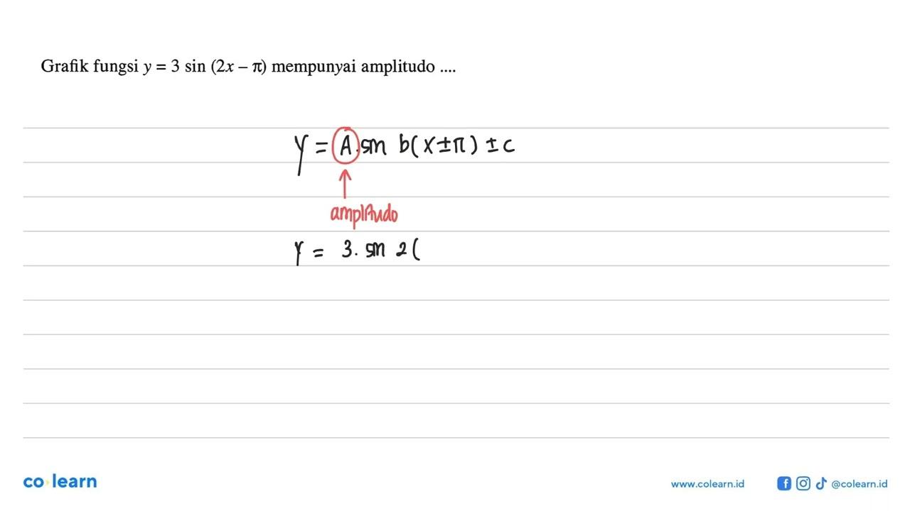 Grafik fungsi y=3 sin (2x-pi) mempunyai amplitudo ....