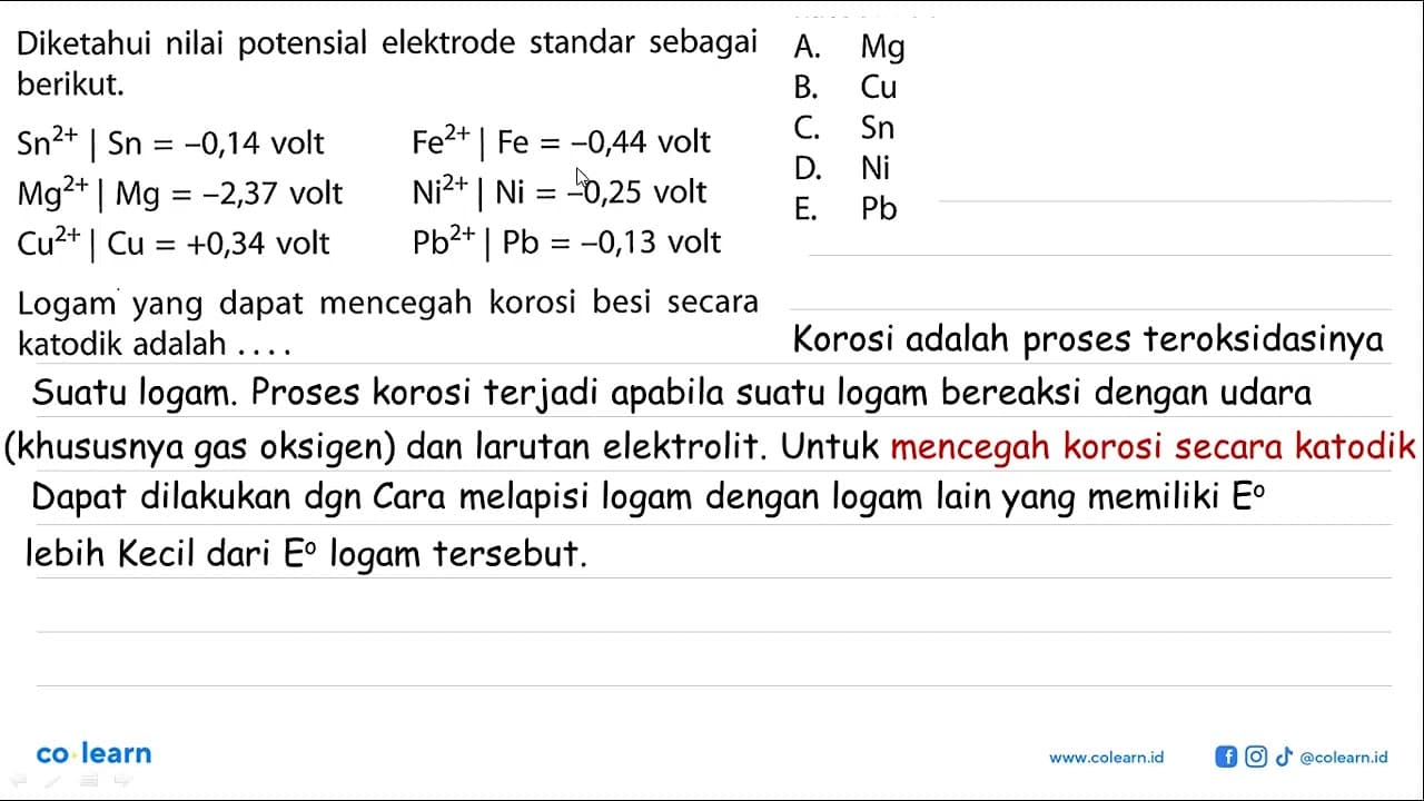 Diketahui nilai potensial elektrode standar sebagai