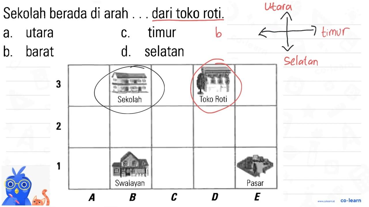 Sekolah berada di arah . . . dari toko roti.