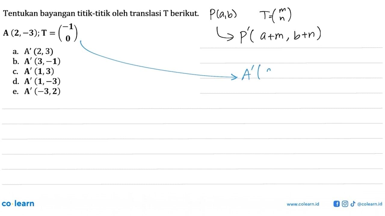 Tentukan bayangan titik-titik oleh translasi T berikut. A