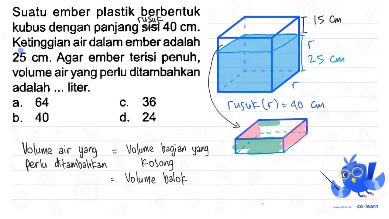 Suatu ember plastik berbentuk kubus dengan panjang sisi 40