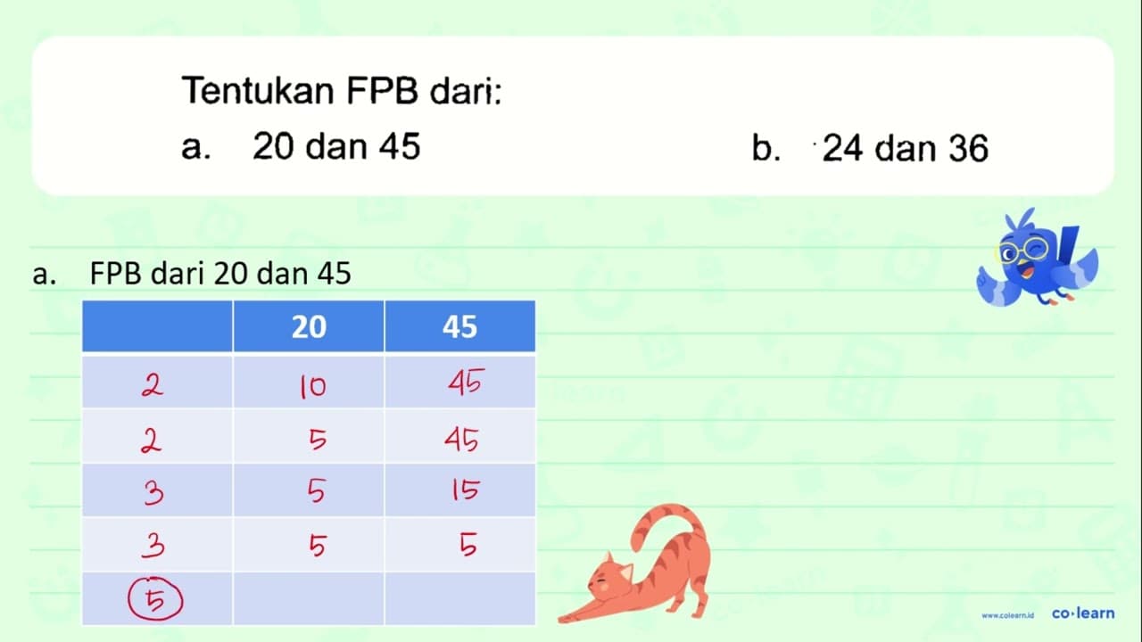 Tentukan FPB dari. a 20 dan 45 b_ 24 dan 36