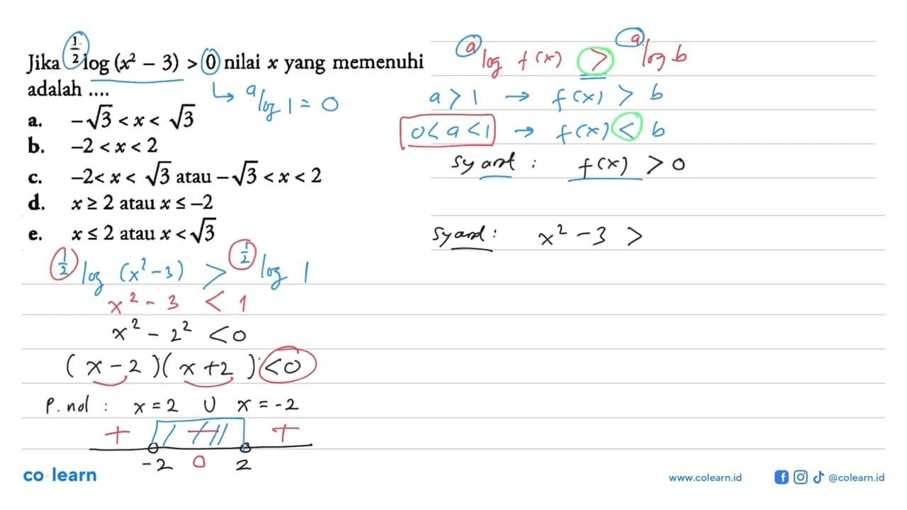 Jika (1/2)log(x^2-3)>0 nilai x yang memenuhi adalah a.