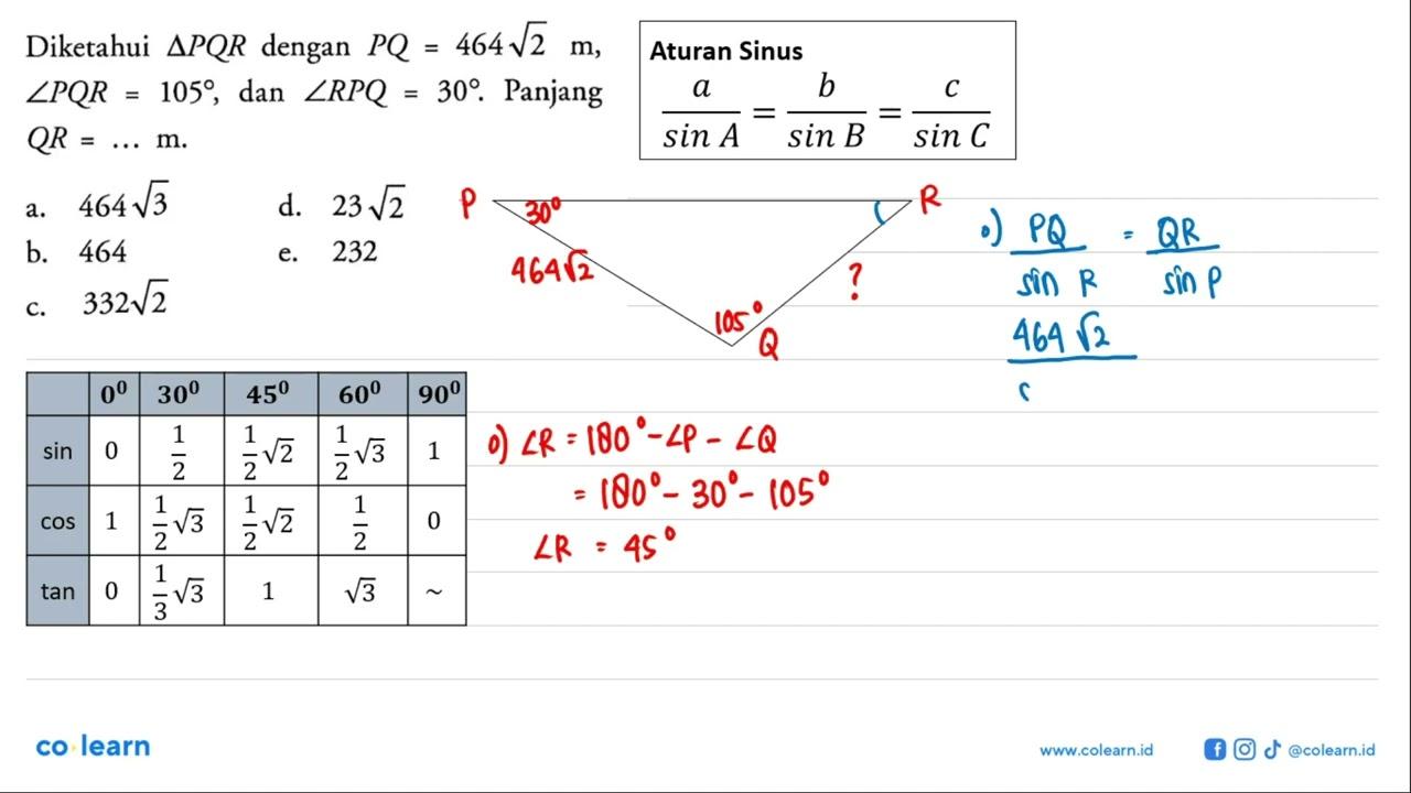 Diketahui segitiga PQR dengan PQ=464(2^(1/2)) m sudut