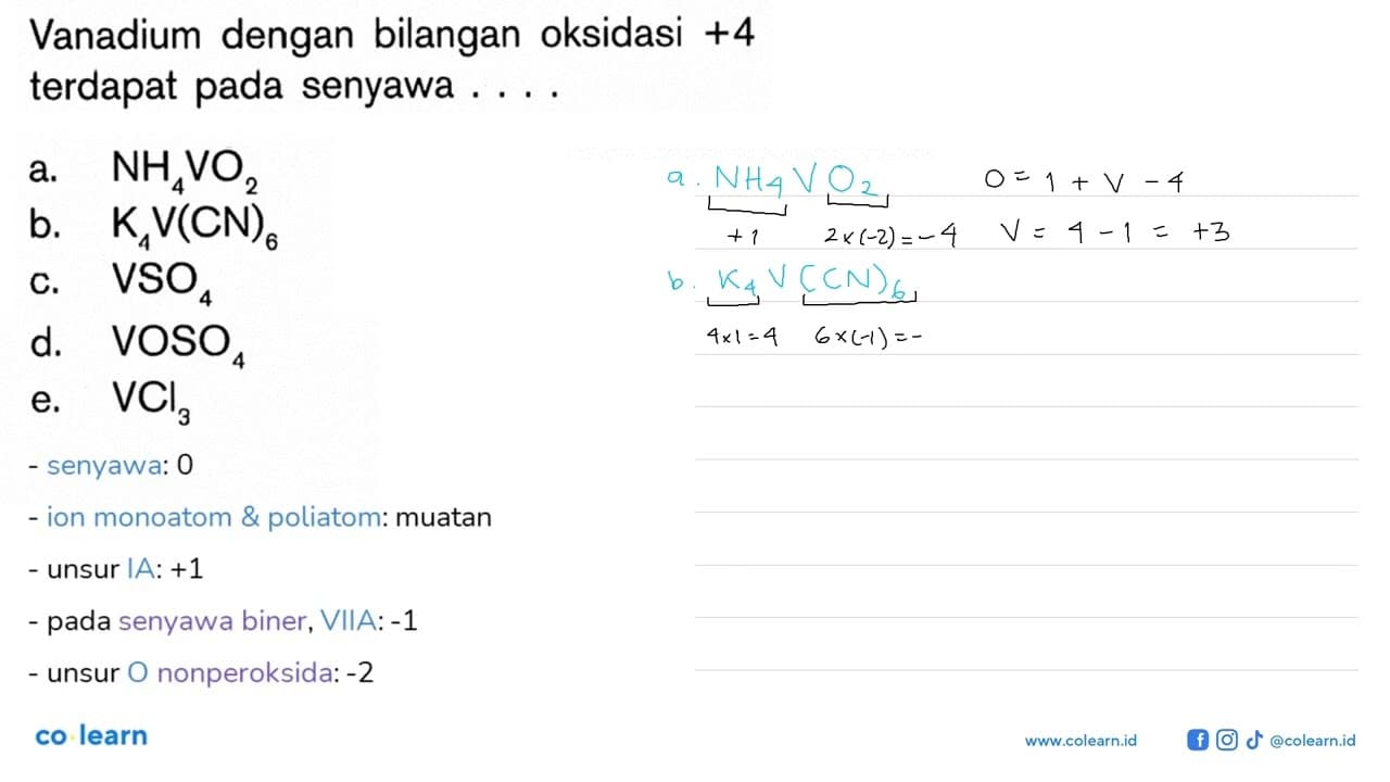 Vanadium dengan bilangan oksidasi +4 terdapat pada senyawa