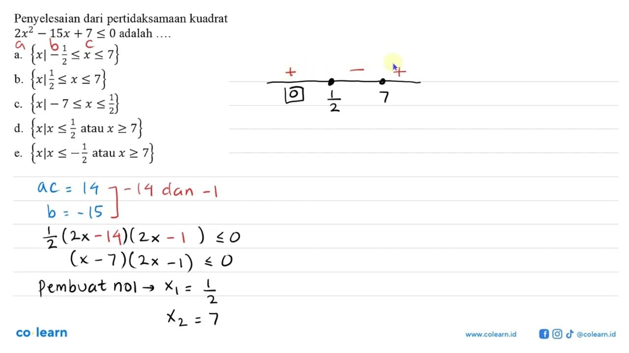 Penyelesaian dari pertidaksamaan kuadrat 2x^2-15x+7<=0