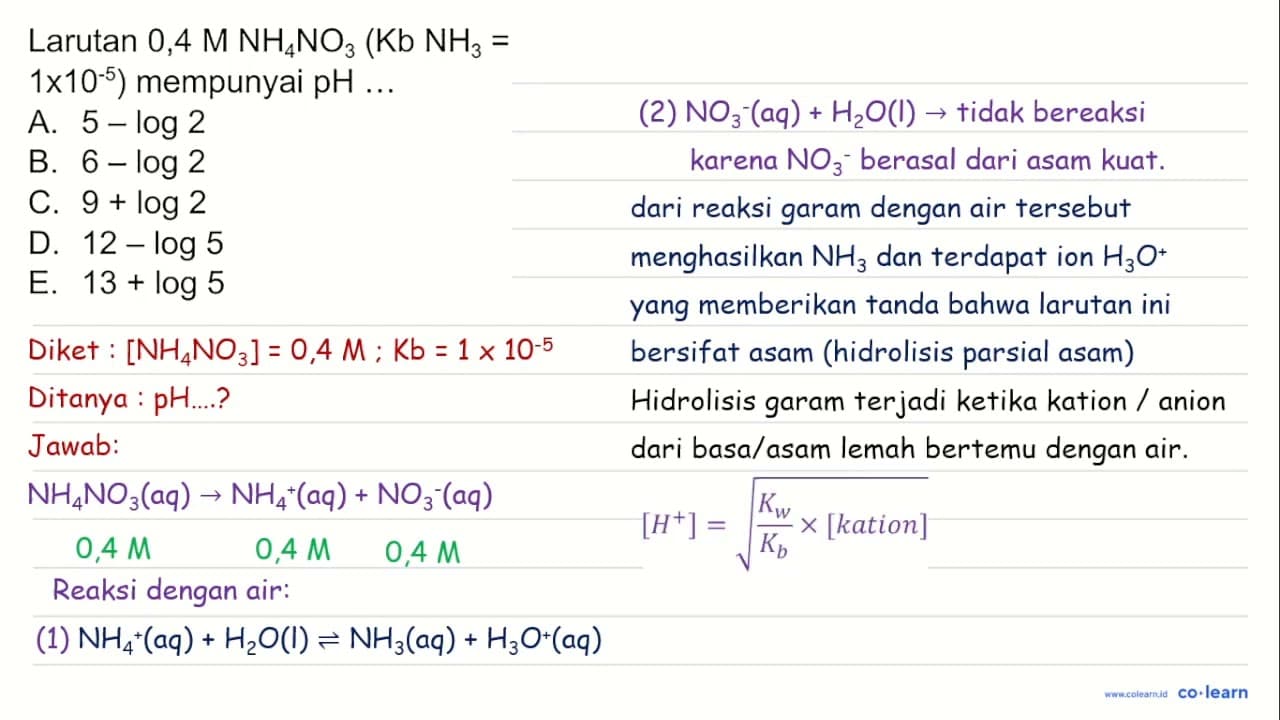 Larutan 0,4 M NH_(4) NO_(3)(~Kb NH NH_(3)=. .1 x 10^(-5))
