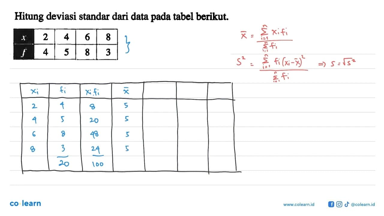 Hitung deviasi standar dari data pada tabel berikut. x 2 4