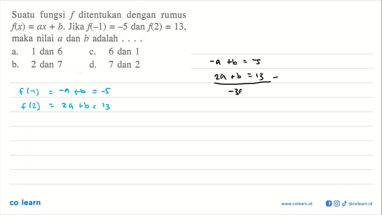 Suatu fungsi f ditentukan dengan rumus f(x) = ax + b. Jika