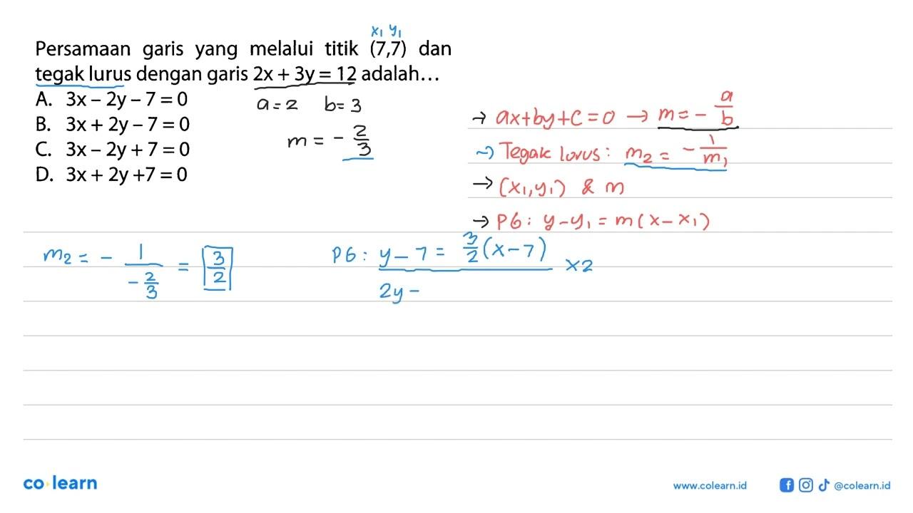 Persamaan garis yang melalui titik (7,7) dan tegak lurus