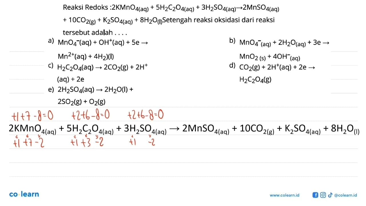 Reaksi Redoks : 2KMnO4(aq) + 5H2C2O4(aq) + 3H2SO4(aq) ->