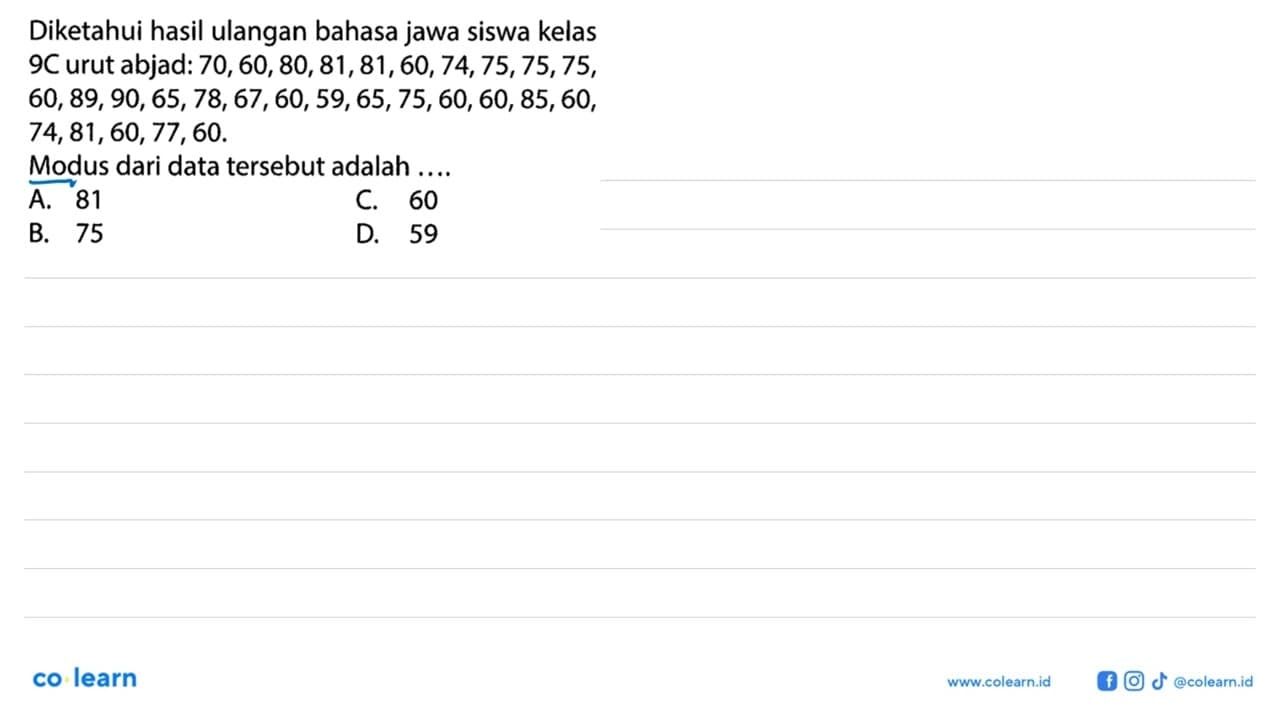 Diketahui hasil ulangan bahasa jawa siswa kelas 9C urut