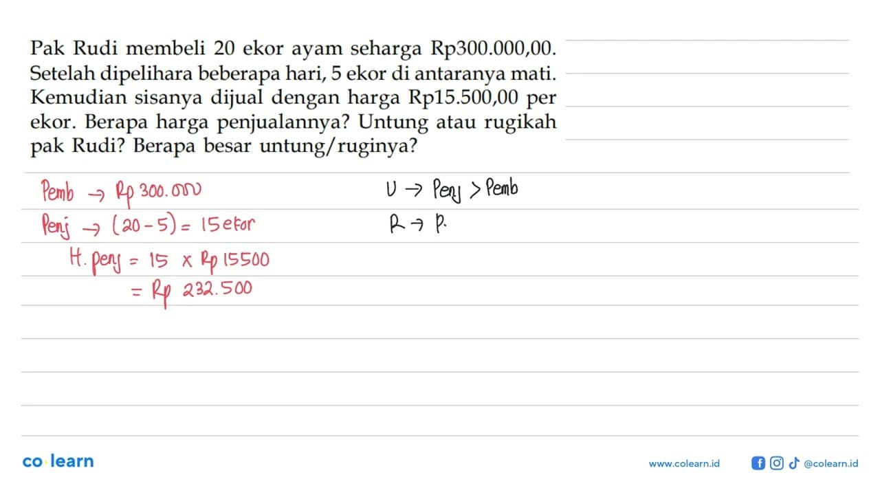 Pak Rudi membeli 20 ekor ayam seharga Rp300.000,00. Setelah