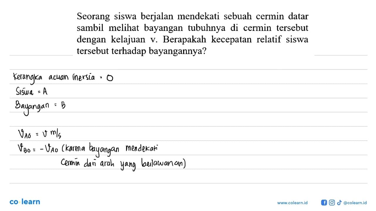 Seorang siswa berjalan mendekati sebuah cermin datar sambil