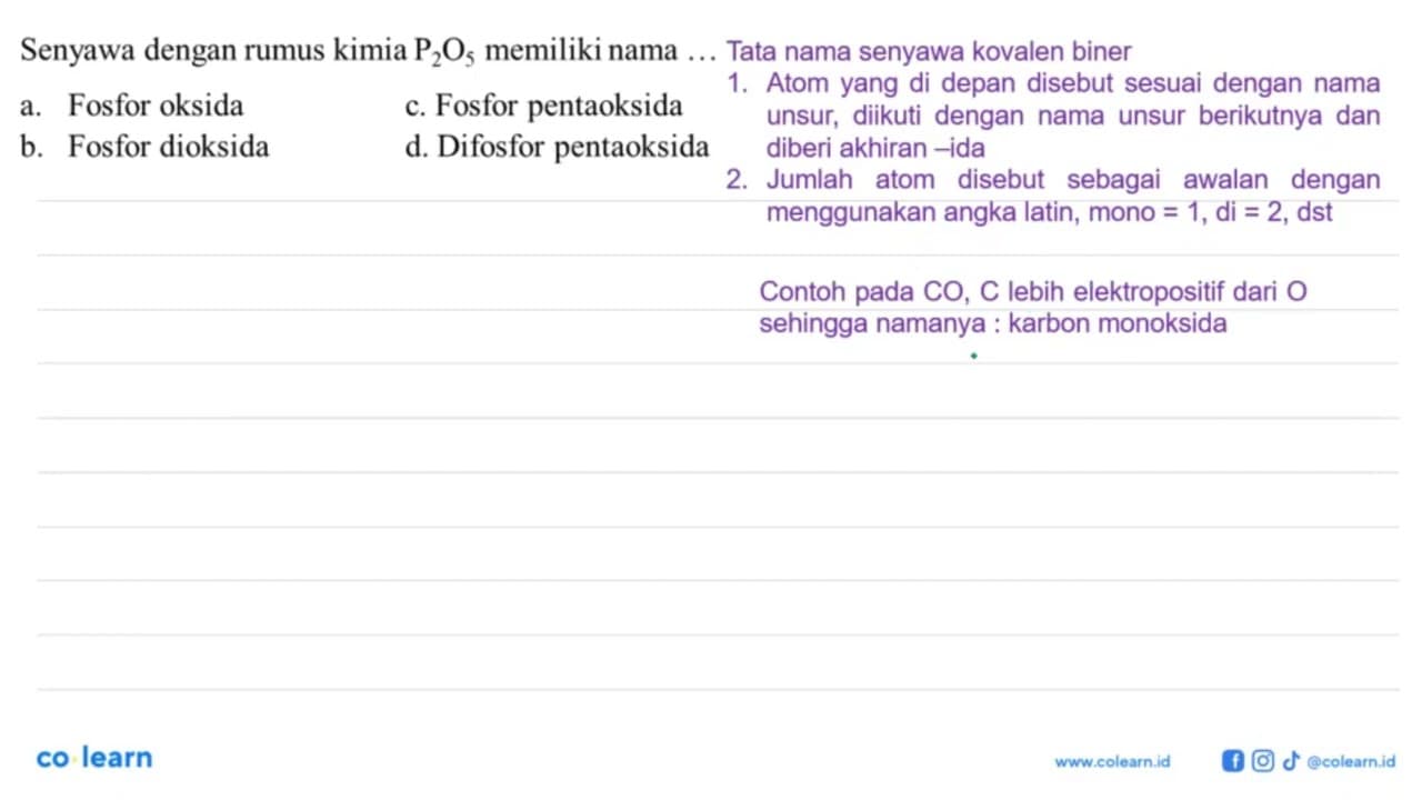 Senyawa dengan rumus kimia P2 O5 memiliki nama ....a)