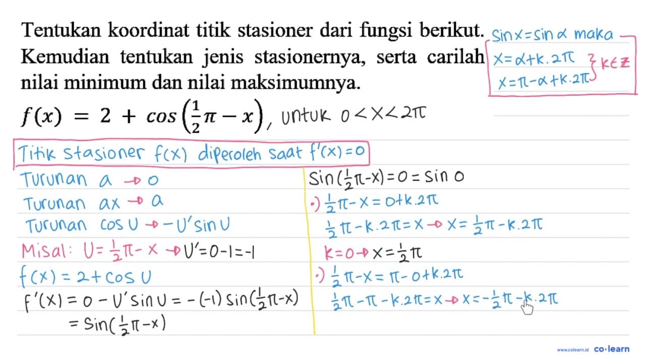 Tentukan koordinat titik stasioner dari fungsi berikut.