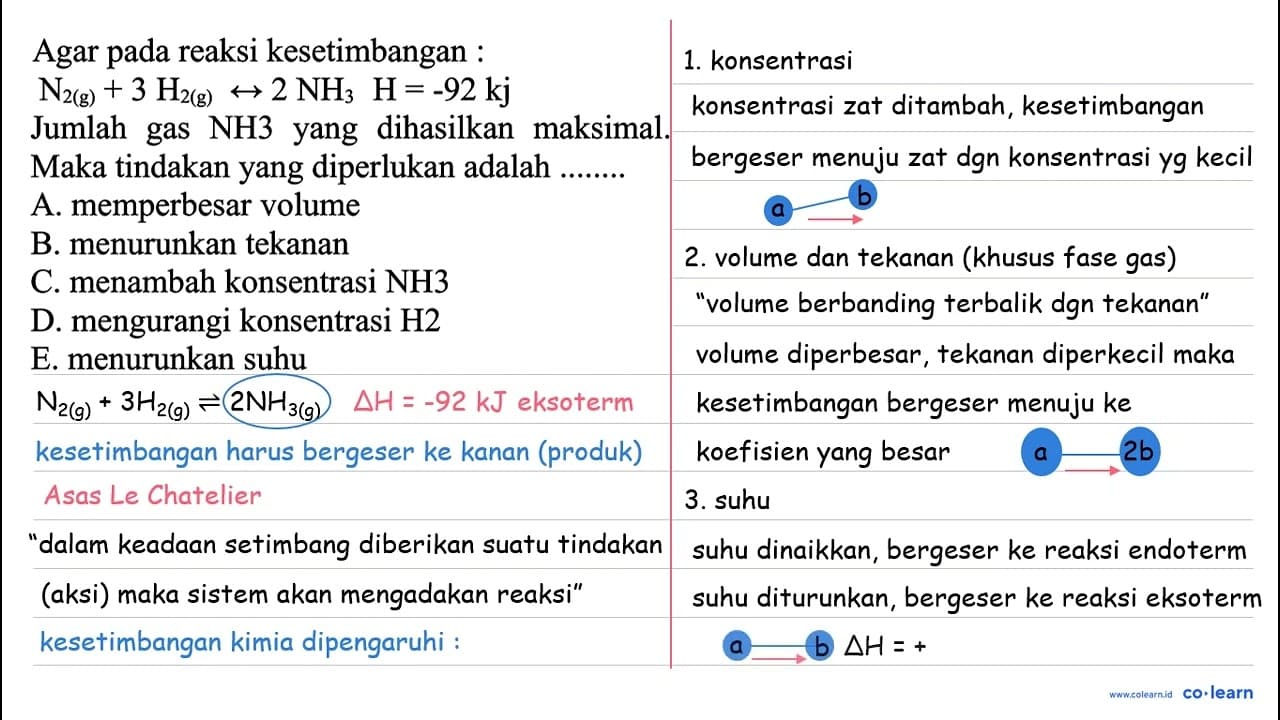 Agar pada reaksi kesetimbangan :N2(g)+3H2(g) <-> 2NH3 H=-92