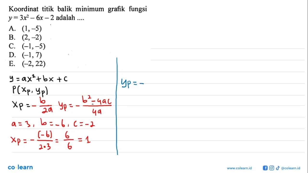 Koordinat titik balik minimum grafik fungsi y=3x^2-6x-2