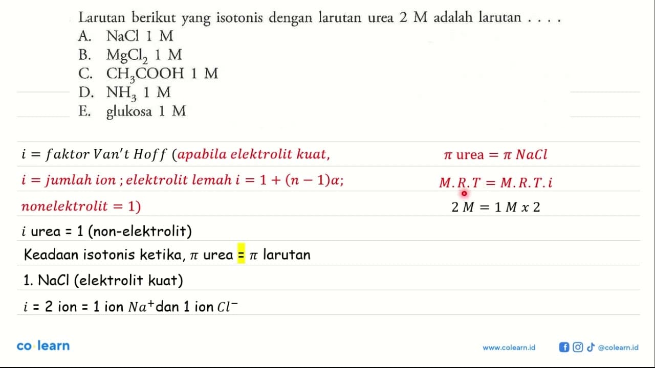 Larutan berikut yang isotonis dengan larutan urea 2 M